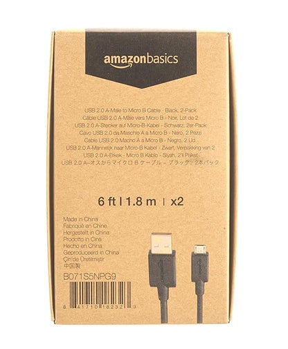 Amazon Basics 2-Pack USB-A to Micro USB Charging Cable, 480Mbps Transfer Speed with Gold-Plated Plugs, USB 2.0, 6 Foot, Black