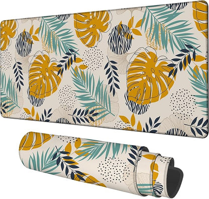 Large Mouse Pad Palm Leaves Gaming Desk Pad Computer Keyboard Non-Slip Waterproof Mouse Mat with Rubber Base and Stitched Edges Entertainment Office Writing Desk Mat 35.4 x 15.7 Inches