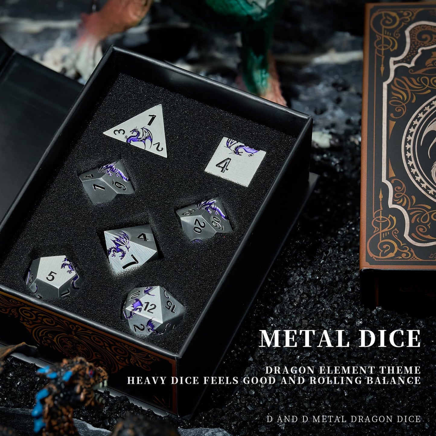 HNCCESG Metal Dice Set,7-Piece Dragon Dice for DND and RPGs,Silver Purple