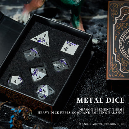 HNCCESG Metal Dice Set,7-Piece Dragon Dice for DND and RPGs,Silver Purple