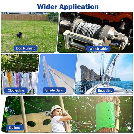 TooTaci 3/16" Stainless Steel Cable, 100ft Wire Rope with Aluminum Crimping Sleeve&Thimbles, 7x19 Strands, 3700lbs Breaking Strength Heavy Duty Aircraft Cable for Zipline, Deck Railing, Shade Sail