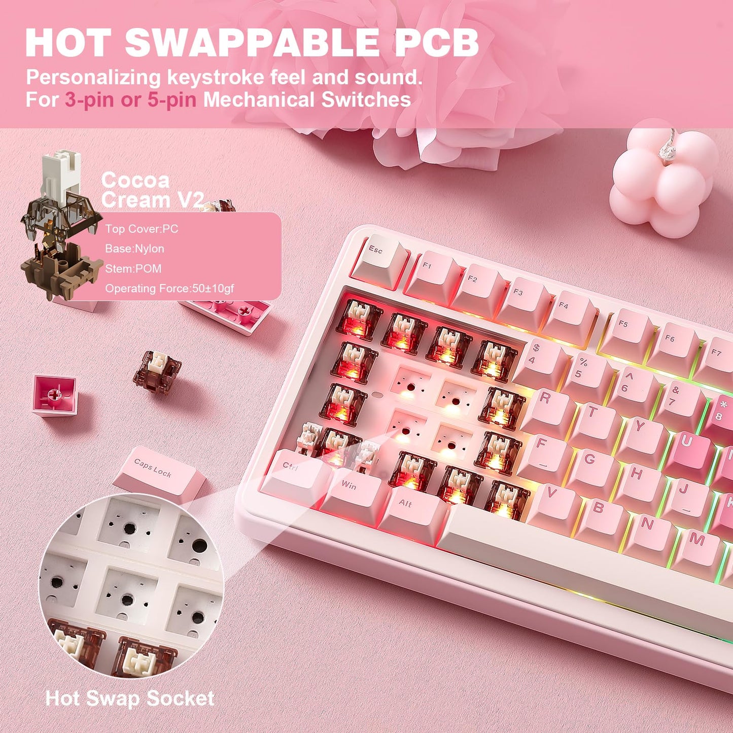 YUNZII B75 PRO 75% Wireless Mechanical Keyboard (Pink, Cocoa Cream V2)
