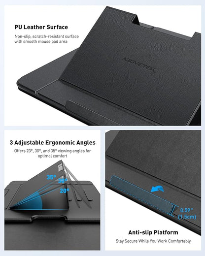 AboveTEK Adjustable Laptop Lap Desk, 3 Ergonomic Angles, PU Leather Non-Slip Surface, Heat Shield, Retractable Mouse Pad, Portable Laptop Lap pad Workstation for Bed, Sofa, Travel