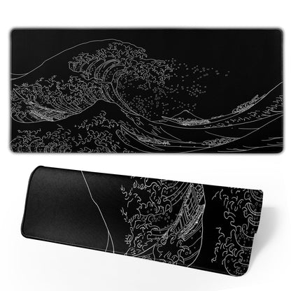 Japanese Sea Wave Large Mouse Pad, Anime Black Gaming, Extended Kanagawa Mat Desk Pad, 3mm Thick Long Non-Slip Rubber Base Mice Pad, 31.5 X 11.8 Inch