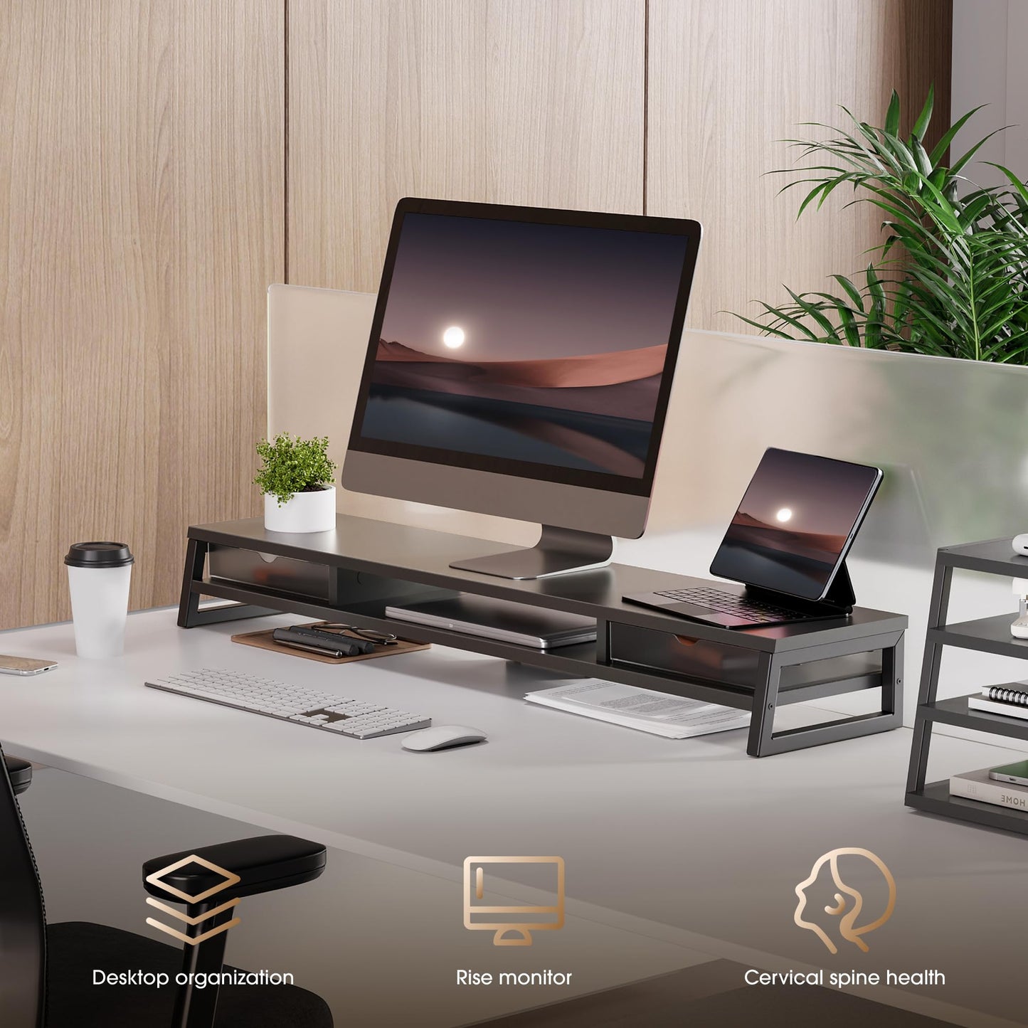 Fenge Dual Monitor Stand Riser, 42.5in Desk Shelf with 2 Drawers, Black