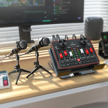Podcast Equipment Bundle for 2 Mic Tiktok Video Content Creator Kit, Audio Interface DJ Mixer Sound Card/Board Condenser Microphone for Studio Smartphone/PC/Laptop Broadcast Recording/Live Stream