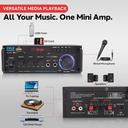 Pyle 200W Wireless Bluetooth Stereo Power Amplifier - 2-Channel Audio Receiver with RCA - USB - SD - MIC IN - FM Radio - Remote Control - AUX Input for Home Theater & Studio Use - PDA29BU.6