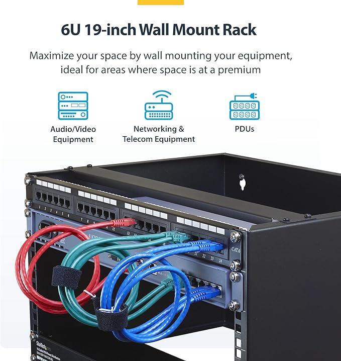 StarTech.com 6U Wall Mount Network Rack - 14 Inch Deep (Low Profile) - 19" Patch Panel Bracket for Shallow Server and IT Equipment, Network Switches - 44lbs/20kg Weight Capacity, Black (WALLMOUNT6)