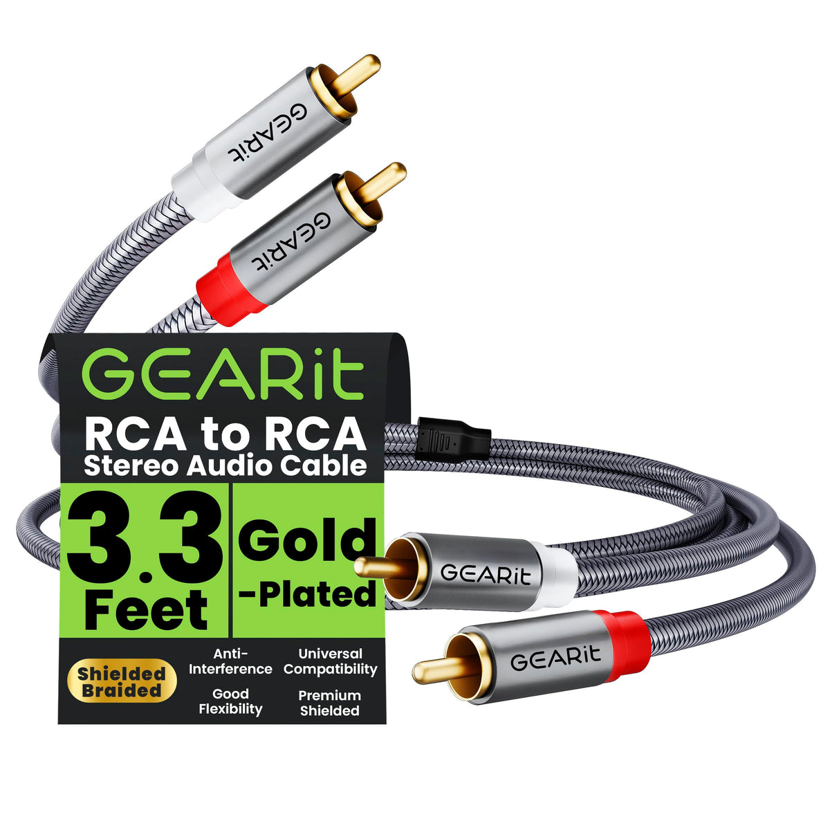 GEARit RCA Cables 1ft OFC, RCA Cables Car Audio with Dual Shielding & Gold-Plated Connectors, RCA Cable for Subwoofer Cable, Hi-Fi System, Amplifier, Active Speakers, Gaming Consoles