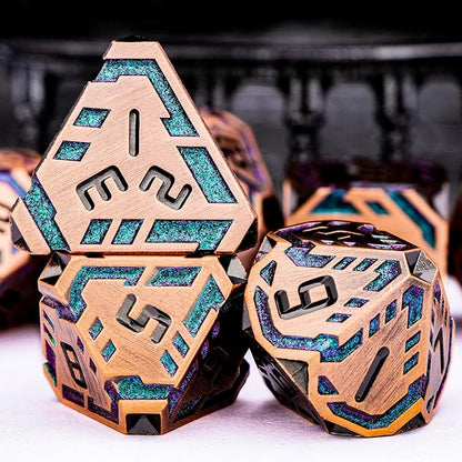 Metal DND Sci-fi Dice Set 7PCS Stripe Polyhedral Dice for Dungeons Dragons RPG Role Playing Game, Glitter D and D Dice with Gift Box D6 D8 D10 D12 D20 (Ancient Bronze&Green Purple)