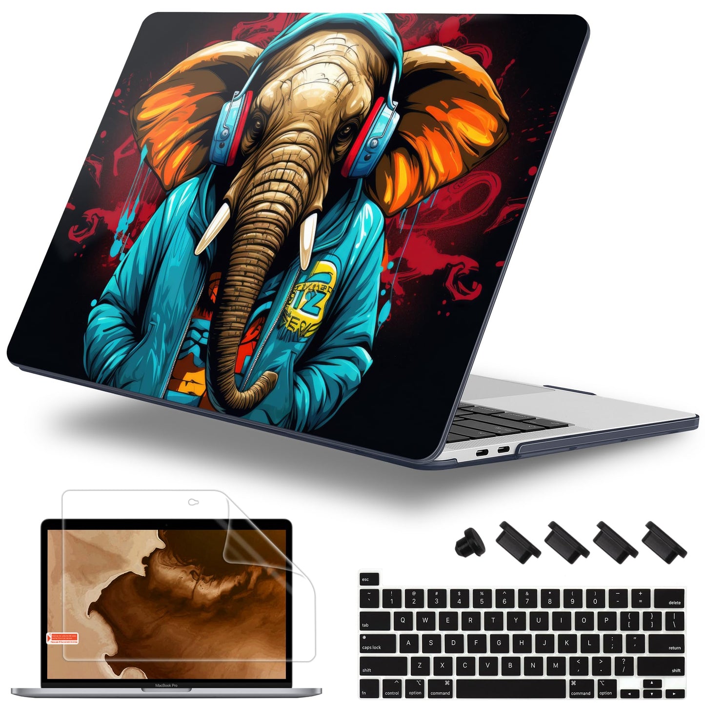 Lepeoac Case for MacBook Pro 13 inch Case M2 2022-2016 A2338 M1 A2251 A2289 A2159 A1989 A1708 A1706, Plastic Hard Shell + Keyboard Cover + Dust Plug, Elephant Hoodie