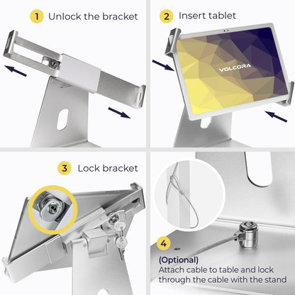 Volcora Anti-Theft Tablet Stand iPad Kiosk Stand with Lock, Silver 10-13'' iPad Stand for Desk, Swivel, Adjustable iPad Holder For Desk, iPad Mount For Desk For POS Register, Retail Business, Cashier