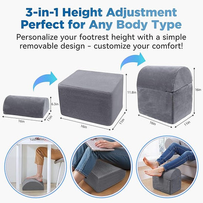 Adjustable Foot Rest for Under Desk - 3-in-1 Ergonomic Foot Stool with Zipper Connection, Height Adjustable for Office, Home & Gaming (Gray)