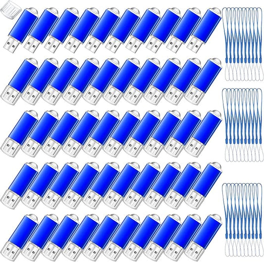 Hoteam 50 Pack USB 2.0 Flash Drives Bulk Blue Portable Thumb Drive with Hat USB Sticks Bulk with 50 Pcs Lanyards for Data Storage File Sharing Commercial Gift(256MB)