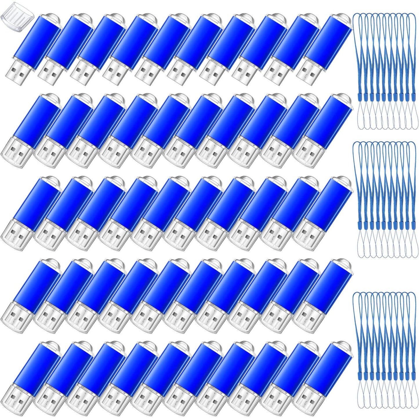 Hoteam 50 Pack USB 2.0 Flash Drives Bulk Blue Portable Thumb Drive with Hat USB Sticks Bulk with 50 Pcs Lanyards for Data Storage File Sharing Commercial Gift(256MB)