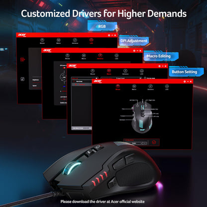 Acer Wired Gaming Mouse, 12,800 DPI RGB Ergonomic Computer Mouse for PC