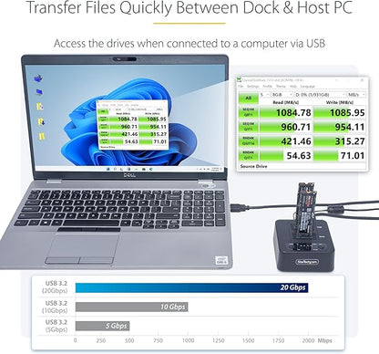 StarTech.com 1:1 M.2 NVMe Drive Duplicator, 90GBpm Standalone M.2 SSD Cloner/Copier, USB-C 3.2 20Gbps M.2 Dual-Bay Drive Dock