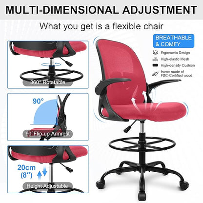 Primy Drafting Chair Tall Office Chair with Flip-up Armrests Executive Ergonomic Computer Standing Desk Chair with Lumbar Support and Adjustable Footrest Ring (Fire Brick)