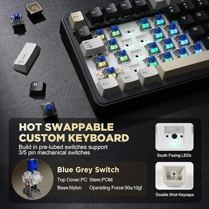 YUNZII B75 Mechanical Keyboard,75% Layout with Knob,Hot Swappable RGB Backlit Gasket Mounted, Creamy Typing, Double-Shot PBT Keycaps,Cherry Profile,for Win/Mac (Black, Blue Grey Tactile Switch)