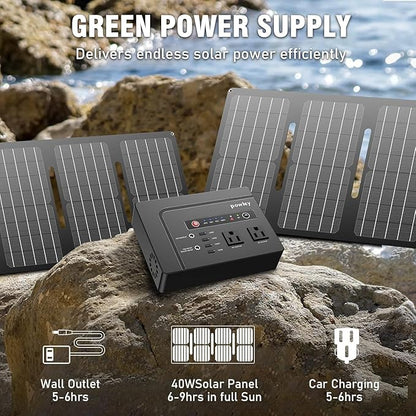 Powkey Solar Powered Generator,200W Portable Solar Generator Power Station with Solar Panels 40W,146Wh Generator Power Bank with 2 AC Outlet 110V Pure Sine Wave for Outdoor Camping Emergency Home