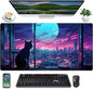 Cool Purple Kawaii Anime Moom Cat Desk Mat XXL Large Gaming Mouse Pad, Cute City Cats Desk Pad for Gamer Girl Women Office Desk Decor Mousepad, Computer Laptop Keyboard and Mouse Mat 31.5x15.75 in