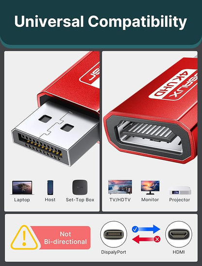 JSAUX 4K DisplayPort to HDMI Adapter 1Pack, DP PC to HDMI Monitor Converter Video UHD 2K@120Hz,4K@30 DP to HDTV Male to Female Uni-Directional Adapter Compatible with Dell, Lenovo, HP,GPU, AMD -Red