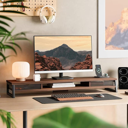 Fenge Dual Monitor Stand, Monitor Riser with Drawer, 42.5 Inch Large Computer Monitor Stand for 2 Monitors, 2 Tier Wooden Desk Shelf for Top of Desk