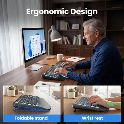 TECKNET Wired Keyboard and Mouse Combo, 7 Color Backlit Large Print Ergonomic Keyboard with Wrist Rest, Soft Typing, USB Plug & Play, Silent Keyboard Mouse Set for PC, Mac, Laptop, Blue