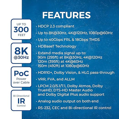 OREI 4K @ 120Hz HDMI Over Ethernet Extender Balun - HDBaseT UltraHD 8K@30hz CAT6/7 Cable with HDR, CEC & IR Control, RS-232 Up to 400 Ft Power Over Cable Audio Out (BK-EXB400R-K)