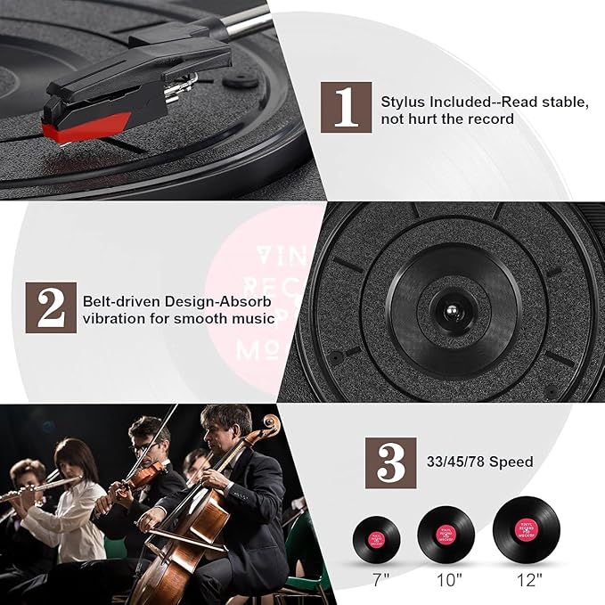 Record Player for Vinyl with 30W Speakers Upgraded，3-Speed (33/45/78 RPM) can Play 7/10/12-inch Vinyl Records, Support Bluetooth Connection, Record in MP3 Format