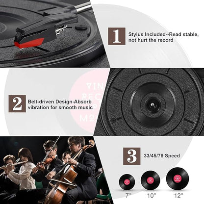 Record Player for Vinyl with 30W Speakers Upgraded，3-Speed (33/45/78 RPM) can Play 7/10/12-inch Vinyl Records, Support Bluetooth Connection, Record in MP3 Format
