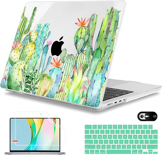 Mektron Case for MacBook Pro 16" M4 A3403 A3186 M3 A2991 M2 A2780 M1 A2485 (2021/2023/2024) Pro/Max with Touch ID, Hard Shell Plastic Laptop Cover Keyboard Cover Screen Protector, Watercolor Cactus