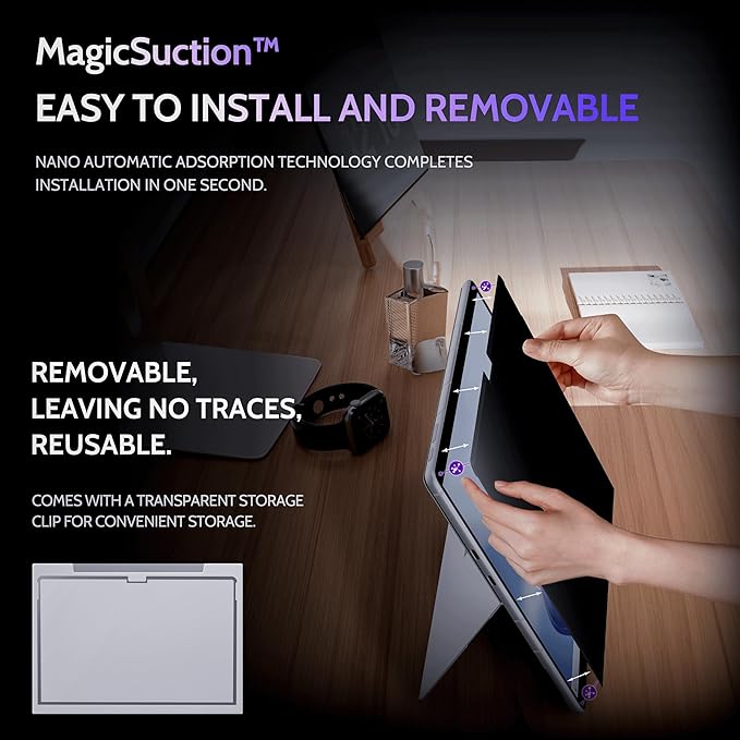 Peslv Privacy Screen for 13 Inch Surface Pro 11/10/9/8/X, MagicSuction™ Removable Anti Spy Black Protector, Glare Blue Light Filter for Microsoft Laptop Computer Monitor