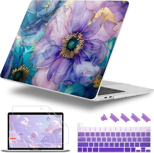 Lepeoac Case for MacBook Pro 13 inch Case M2 2022-2016 A2338 M1 A2251 A2289 A2159 A1989 A1708 A1706, Plastic Hard Shell + Keyboard Cover + Dust Plug, Fluid Art Flowers
