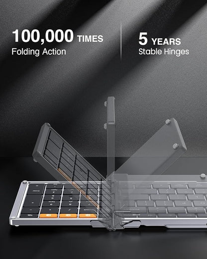 ProtoArc Foldable Bluetooth Keyboard, XK01 Folding Wireless Portable Keyboard with Numeric Keypad, Full-Size Travel Keyboards for iPad Tablet Smartphone Laptop PC Windows iOS Android, Black Silver