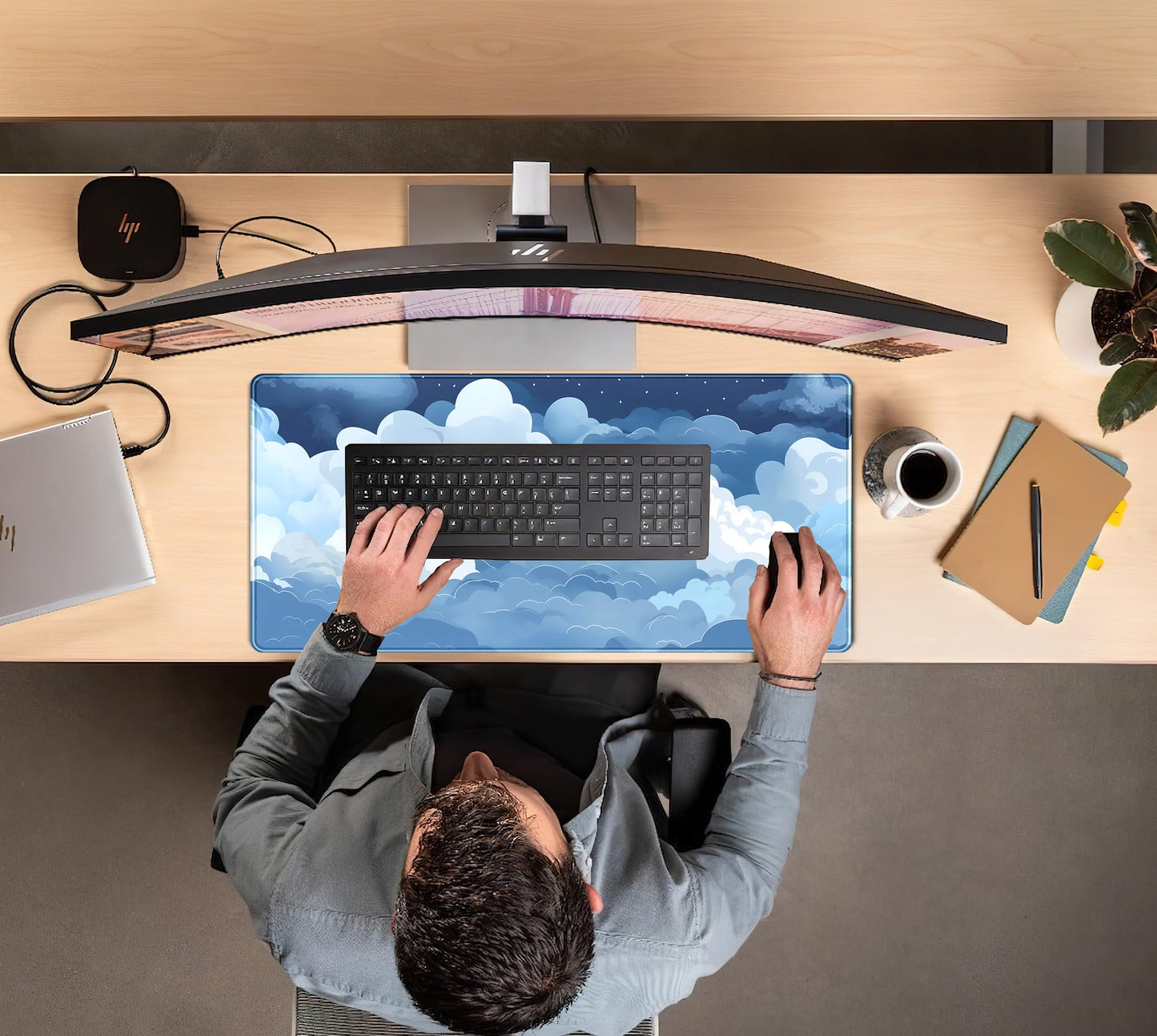 Aesthetic Blue and White Puffy Clouds Desk Mat, XXL Large Kawaii Blue Extended Gaming Mouse Pad with Stitched Edges, Cute Big Laptop Keyboard and Mouse Mat for Women Office Decor Mat 31.5x15.7 in