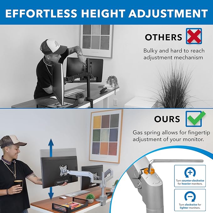 Mount-It! Dual Monitor Mount - Monitor Stands for 2 Monitors, Computer Arms on Desk Stand, Gas Spring Height Adjustable Desk Mount in Silver, VESA 75, 100 Fits Screens Up to 32", Silver Color