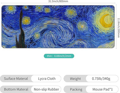 Dynippy Thin Extended Gaming Mouse Pad （31.5 * 11.8 * 0.08 inch） with Stitched Edges Large Mousepad Long XXL Keyboard and Mouse pad Desk Mat for Gaming Office & Home - The Starry Night