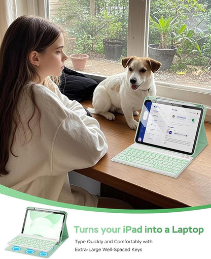 Folio Keyboard Case for iPad 10th Gen 10.9 inch (2022) and iPad 11th (A16, 2025), Magnetic Wireless Detachable Keyboard, 7-Color Backlight, Thin & Light, Pencil Holder (Green)