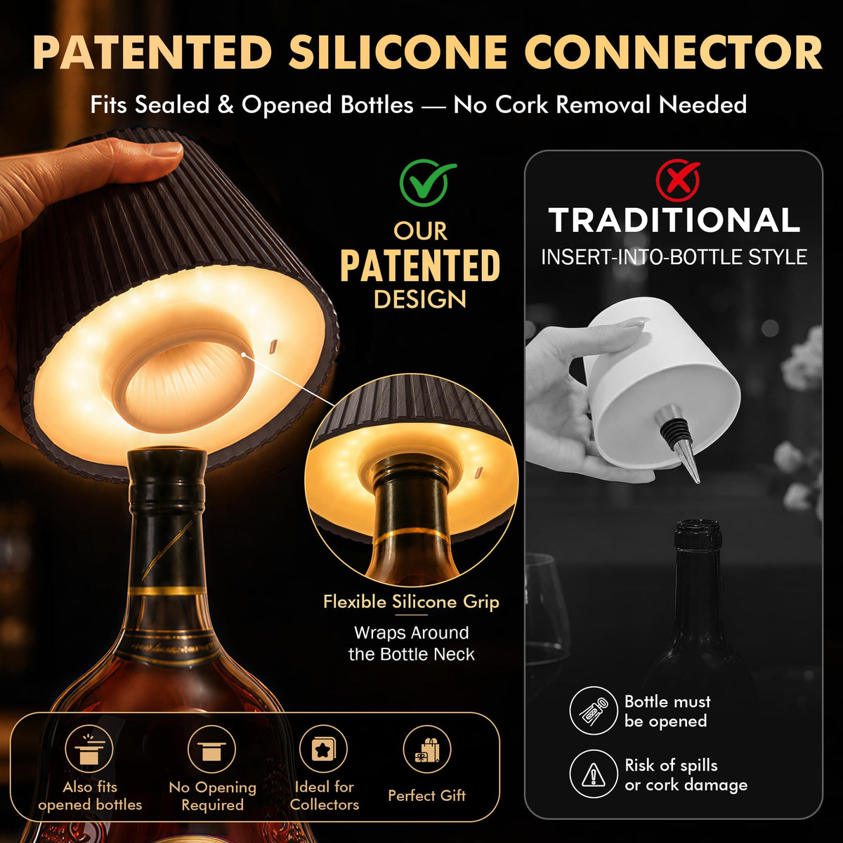 WILIT Wireless Bottle Lamp for Liquor Bottles, 3-Level Brightness LED Night Lights, Wine Lamp for Home Decor, Unique Table Lamp with RGB Lights, Rechargeable Bottle Lights for Bedroom, Black