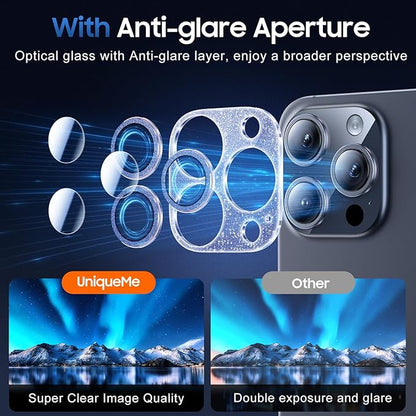 UniqueMe for 3 Pack iPhone 15 Pro/iPhone 15 Pro Max Camera Lens Protector, [Drop Protection] [Case Friendly] Camera Cover Screen [Update New Version] - Intergrated Glitter Blue