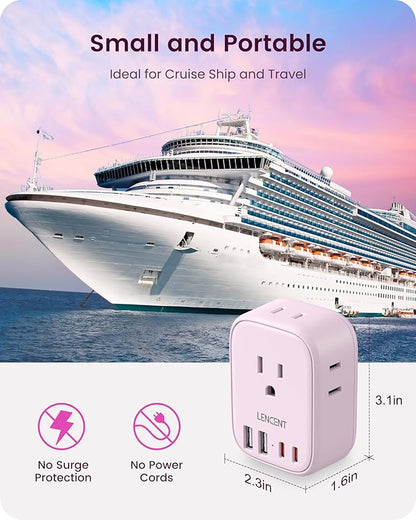 LENCENT Multi Plug Outlet Extender with USB C, 4 AC Electrical Outlet Expander with 4 USB Charger Cube, Small Multiple Wall Tap Plug Splitter for Home Office Travel Cruise Dorm Essentials- Pink