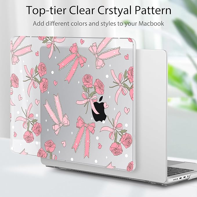 Tuiklol for MacBook Pro 14 Inch Case 2024-2021 Release M4 A3112 A3401 A3185/M3 A2918 A2992/M2 A2779/M1 A2442 Pro/Max,Hard Shell Case with Screen Protector for Touch ID,Bow & Rose-White