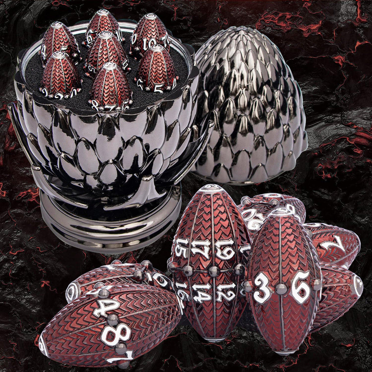 ARUOHHA DND Metal Dice Black Green Dragon Egg Dice with Rotating Dragon Egg Shell, Role Playing Game RPG Polyhedral D and D Dice Set D20 D12 D10 D8 D6 D4