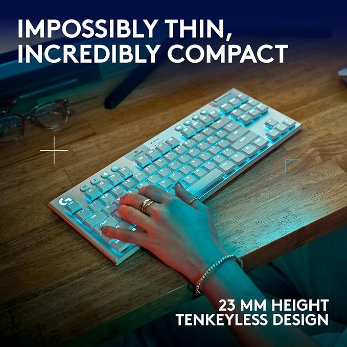 Logitech G915 X Lightspeed TKL Wireless Mechanical Gaming Keyboard, Double-Shot PBT Keycaps, Fully Programmable Keys, RGB Backlit Mac/PC Gaming Keyboards, Aluminum Finish, GL Tactile Switches, White