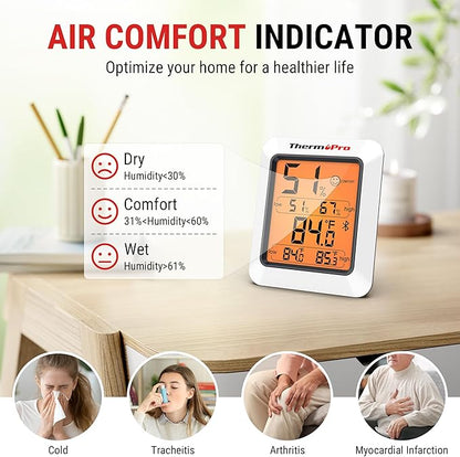 ThermoPro Hygrometer Thermometer for House TP350, Bluetooth Room Indoor Greenhouse Thermometer Monitor Up to 260FT, Backlit Humidity Meter Temperature Sensor with 2-Year Data Export, 2 Pack