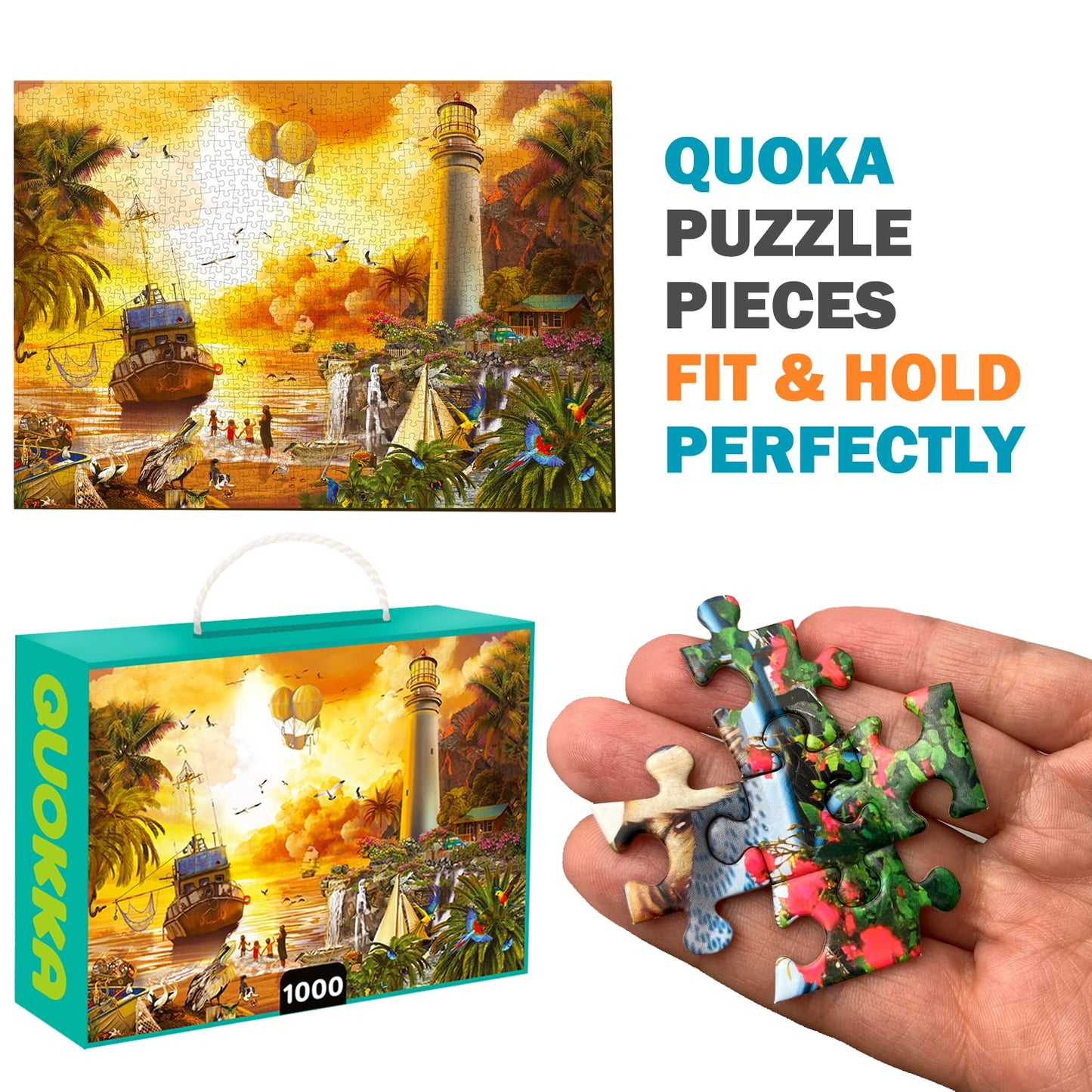 Quokka Puzzles for Adults 1000 Pieces and Up - 3 Pack of 1000 Piece Puzzles - Enjoy Market, Lighthouse and Camping Designs for Women and Men