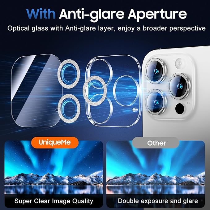 UniqueMe for 3 Pack iPhone 16 Pro/iPhone 16 Pro Max Camera Lens Protector - [Drop Protection] [Case Friendly] 9H Tempered Glass Camera Cover Screen [Update New Version] - Glitter Silver