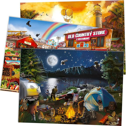 Quokka Puzzles for Adults 1000 Pieces and Up - 3 Pack of 1000 Piece Puzzles for Kids Ages 8-10-12 - Enjoy Market, Lighthouse and Camping Designs for Women and Men
