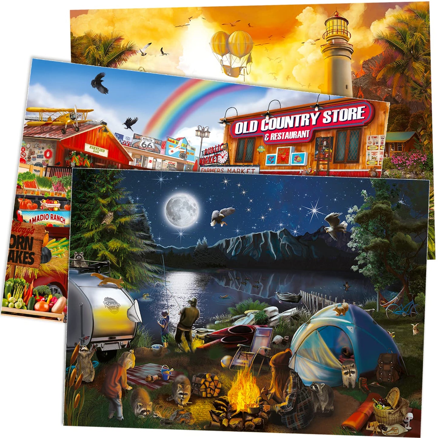 Quokka Puzzles for Adults 1000 Pieces and Up - 3 Pack of 1000 Piece Puzzles - Enjoy Market, Lighthouse and Camping Designs for Women and Men
